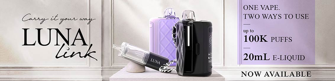 Kraze Luna Link 20mL vaping device and charging case. One vape, two ways to use, up to 100K puffs, 20mL e-liquid, now available.