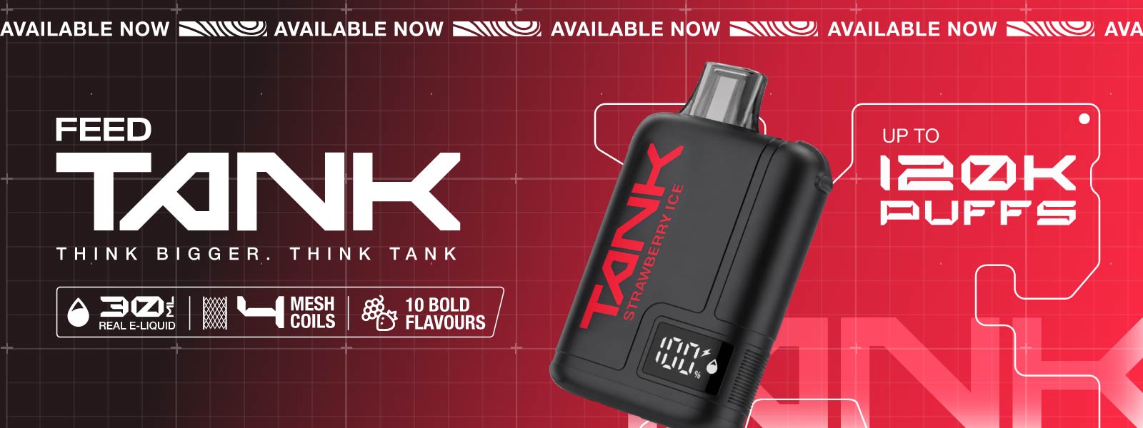 A promotional graphic for the Feed Tank disposable vape device. The black vape device with red branding is shown on the right, while the left side features bold white and red text reading 'FEED TANK' and 'THINK BIGGER.